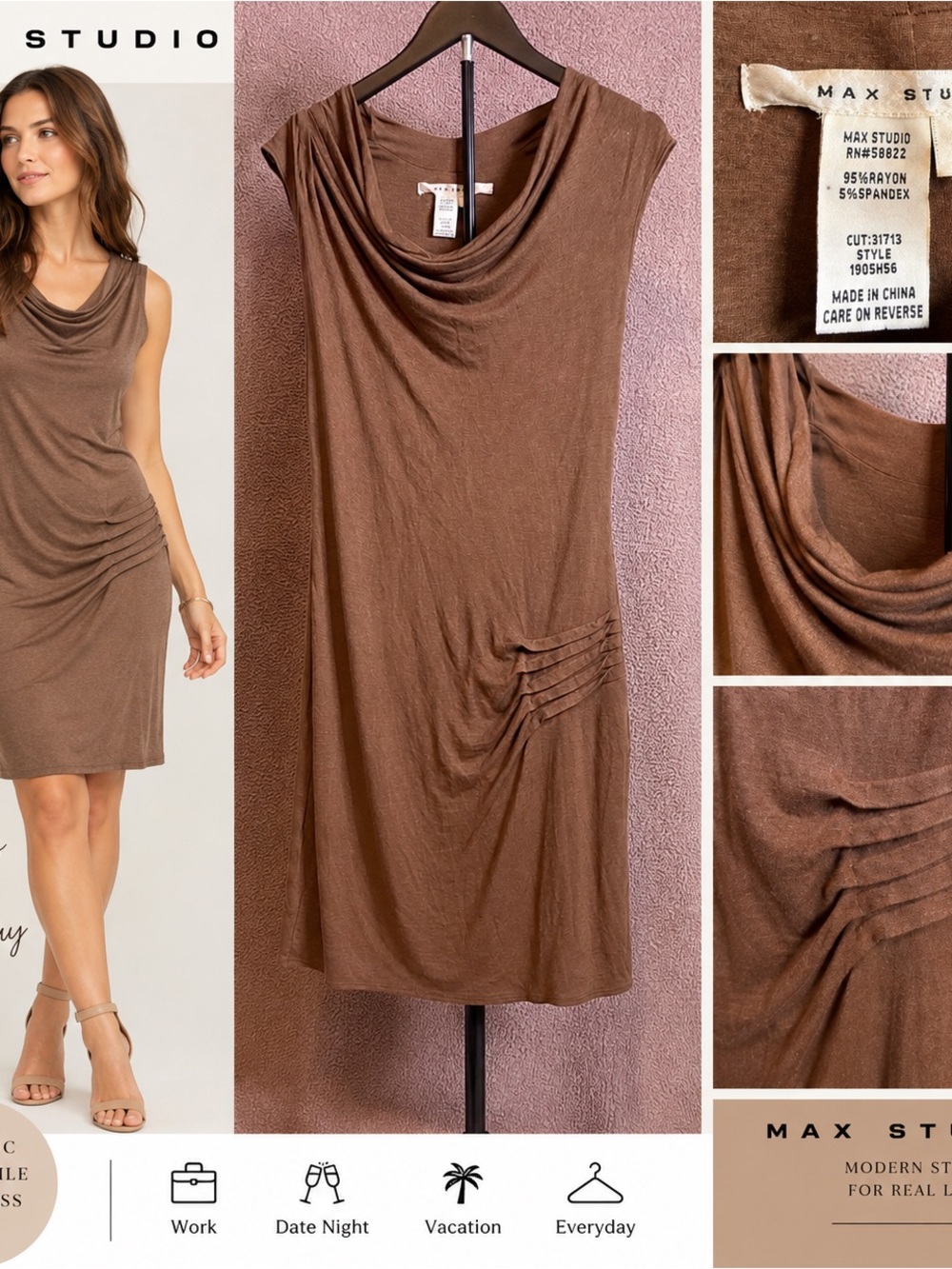 Max Studio Brown Cowl Neck Ruched Midi Dress Size Small Sleeveless Stretch